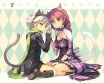  2girls animal_ears argyle argyle_background blue_eyes boots bow breasts cat_ears cat_tail cleavage coat dress eiyuu_densetsu emma_millstein fie_claussell glasses green_eyes hands_together karpin long_hair long_sleeves looking_at_viewer looking_back medium_breasts multiple_girls purple_dress purple_hair scarf sen_no_kiseki short_hair silver_hair sitting socks spiky_hair striped striped_legwear tail wariza wrist_cuffs 