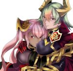  2girls armor breast_smother breasts fire_emblem fire_emblem_heroes gauntlets green_hair horns hug laegjarn_(fire_emblem_heroes) laevateinn_(fire_emblem_heroes) large_breasts looking_at_viewer multiple_girls nintendo pink_hair red_eyes rem_sora410 simple_background white_background 