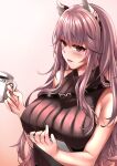  1girl animal_ear_fluff animal_ears bangs blush breasts brown_sweater_vest coffee_cup cup disposable_cup eyebrows_visible_through_hair girls_frontline highres holding holding_cup holding_notepad large_breasts lips long_hair looking_at_viewer notepad open_mouth persica_(girls&#039;_frontline) pink_eyes pink_hair simple_background solo sweater_vest upper_body xlscaler 