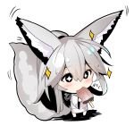  +_+ 1girl animal_ears bangs big_head blush chibi dress eating eyebrows_visible_through_hair food fox_ears fox_girl fox_tail full_body hair_between_eyes holding holding_food long_hair long_sleeves original ponytail popsicle silver_hair solo sparkle standing tail very_long_hair white_background white_dress wide_sleeves yuuji_(yukimimi) 