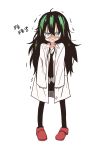  1girl absurdres black_legwear blue_eyes blush green_hair highres korean labcoat long_hair long_sleeves luke_(dydansgur) maddy_lovecraft miniskirt necktie original pantyhose pencil_skirt shaking sharp_teeth skirt solo tears teeth very_long_hair 