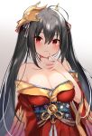  1girl ahoge azur_lane bare_shoulders black_hair blush breasts cleavage closed_mouth collarbone highres japanese_clothes large_breasts long_hair looking_at_viewer mafuyu_(chibi21) red_eyes sketch smile solo taihou_(azur_lane) twintails 