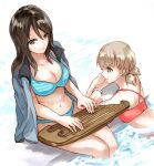  aki_(girls_und_panzer) bangs bikini blue_background blue_jacket bracelet breasts cleavage closed_mouth commentary eyebrows_visible_through_hair frown girls_und_panzer green_eyes holding holding_instrument instrument jacket jacket_on_shoulders jewelry kantele keizoku_military_uniform long_hair looking_at_another looking_at_viewer medium_breasts mika_(girls_und_panzer) music navel partially_submerged pink_bikini playing_instrument pool poolside raglan_sleeves short_hair short_twintails sitting smile soaking_feet standing striped striped_bikini swimsuit track_jacket twintails yuuyu_(777) 