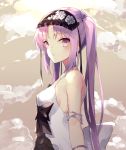  1girl armlet arms_at_sides bangs bare_shoulders black_bow blush bow bracelet breasts choker closed_mouth clouds cloudy_sky commentary_request dress euryale eyebrows_visible_through_hair fate/grand_order fate_(series) frilled_hairband frills from_side hairband jewelry lolita_hairband long_hair looking_at_viewer looking_to_the_side medium_breasts parted_bangs pearl purple_hair sideboob sky sleeveless sleeveless_dress solo sutaa_dasuto-kun twintails upper_body violet_eyes white_choker white_dress 