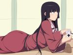  1girl ass bangs black_hair breasts brown_eyes controller cup daa_(blame2212) dress expressionless eyebrows_visible_through_hair glass highres hime_cut houraisan_kaguya large_breasts long_hair lying on_stomach playing_games ribbon sliding_doors tatami touhou 