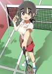  1girl absurdres badminton_racket bike_shorts blush brown_eyes brown_hair bural_chingu eyebrows eyebrows_visible_through_hair highres looking_at_viewer luke_(dydansgur) open_mouth original polo_shirt racket red_skirt seong_mi-na_(bural_chingu) short_hair shuttlecock skirt smile solo sweat 