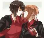  2girls arm_around_neck bangs black_jacket brown_eyes brown_hair commentary dress_shirt eyebrows_visible_through_hair food food_in_mouth girls_und_panzer gradient gradient_background grey_background holding holding_food incest jacket jacket_on_shoulders kuromorimine_military_uniform long_sleeves looking_at_another military military_uniform mouth_hold multiple_girls nishizumi_maho nishizumi_miho pocky pocky_kiss red_shirt shared_food shirt short_hair uniform wing_collar yuri yuuyu_(777) 