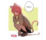  1girl animal_ears black_legwear black_skirt bowl bural_chingu cardigan cat_ears cat_girl cat_tail highres kneehighs lee_ji-eun_(bural_chingu) loafers luke_(dydansgur) original pet_bowl pink_hair pleated_skirt red_eyes school_uniform shoes short_hair sidelocks skirt socks solo tail 