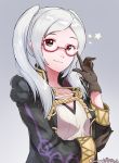 1girl breasts brown_eyes brown_gloves cleavage closed_mouth female_my_unit_(fire_emblem:_kakusei) fire_emblem fire_emblem:_kakusei fire_emblem_heroes glasses gloves grimmelsdathird highres long_sleeves my_unit_(fire_emblem:_kakusei) nintendo open_clothes open_robe robe simple_background small_breasts solo twintails twitter_username white_hair 