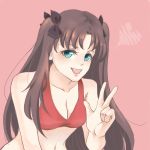  1girl belly_button bikini bikini_top black_hair blue_eyes carnival_phantasm emiya-san_chi_no_kyou_no_gohan fate/grand_order fate/hollow_ataraxia fate/stay_night fate/stay_night_unlimited_blade_works fate_(series) female_focus hair_ribbon heart long_hair looking_at_viewer navel nishibayashi_(pixiv_id_7889287) open_mouth parted_lips pink_background red_bikini_top ribbon solo summer tohsaka_rin twintails v v_sign 