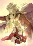  1boy 1girl bangs black_cape blonde_hair boots brother_and_sister cape capelet coat collar cravat dated eltoshan_(fire_emblem) fire_emblem fire_emblem:_seisen_no_keifu fire_emblem_cipher gem highres holding holding_sword holding_weapon lachesis_(fire_emblem) lips long_hair medium_hair miniskirt nintendo pink_cape pink_footwear promotional_art red_coat serious shoulder_pads siblings sidelocks skirt suzuki_rika sword thigh-highs thigh_boots turtleneck weapon white_capelet white_skirt yellow_eyes zettai_ryouiki 