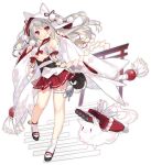  1girl :3 animal animal_ears azur_lane bell blush breasts cleavage closed_mouth eyebrows_visible_through_hair full_body grey_hair large_breasts long_hair looking_at_viewer official_art red_eyes red_skirt sandals saru skirt smile socks solo thick_eyebrows transparent_background under_boob white_legwear yuudachi_(azur_lane) 