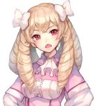  1girl bangs blonde_hair blush bow breasts buttons capelet center_frills crossed_bangs dress drill_hair earrings eyebrows_visible_through_hair fire_emblem fire_emblem:_kakusei frills hair_bow head_tilt jewelry jurge light_brown_hair long_hair mariabel_(fire_emblem) medium_breasts nintendo open_mouth pink_capelet pink_dress red_eyes simple_background solo v-shaped_eyebrows white_background white_bow 