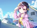  1girl absurdres black_hair blue_hair blue_sky blush brown_eyes building clouds day fence gradient_hair hand_up highres jacket leaning_forward multicolored_hair original parted_lips pink_hair pink_jacket power_lines sho_(runatic_moon) sky smile solo standing tiger_hair_ornament 