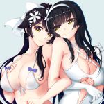  2girls absurdres alternate_costume azur_lane bikini black_hair breasts cleavage cosplay creator_connection crossed_arms flower girls_frontline gloves hair_flower hair_ornament hairband highres large_breasts long_hair looking_at_viewer mahou_shounen mole mole_under_eye multiple_girls qbz-95_(girls_frontline) qbz-95_(girls_frontline)_(cosplay) smile swimsuit takao_(azur_lane) takao_(azur_lane)_(cosplay) yellow_eyes 