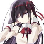  1girl adjusting_hair akemi_homura eyebrows_visible_through_hair hair_between_eyes homurahara_academy_uniform long_hair mahou_shoujo_madoka_magica misteor neck_ribbon purple_hair red_ribbon ribbon school_uniform smile solo upper_body violet_eyes white_background 