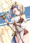  1girl absurdres bare_shoulders blue_hair blush breasts character_name clenched_hand closed_mouth cowboy_shot detached_sleeves eyebrows_visible_through_hair granblue_fantasy highres holding holding_staff looking_at_viewer medium_breasts smile solo sophia_(granblue_fantasy) staff standing twintails whatwine yellow_eyes zoom_layer 