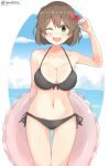  1girl ;d alternate_costume bare_shoulders bikini black_bikini blush bow breasts brown_hair chaa_(korone-ze) cleavage collarbone cowboy_shot eyebrows_visible_through_hair hair_bow highres hiryuu_(kantai_collection) kantai_collection large_breasts looking_at_viewer midriff navel one_eye_closed open_mouth red_bow short_hair smile solo swimsuit twitter_username 