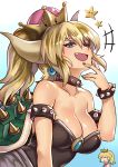  :d absurdres black_dress black_nails blonde_hair blue_eyes bowser bowsette bracelet breasts cleavage collar collarbone crown dress earrings eyebrows fang fingers_to_chin genderswap genderswap_(mtf) hair_between_eyes highres horns jewelry kaorihero large_breasts super_mario_bros. md5_mismatch nail_polish naughty_face nintendo open_mouth ponytail princess_peach shell shiny shiny_skin smile smug spiked_bracelet spiked_collar spiked_shell spikes star starman_(mario) super_crown thick_eyebrows turtle_shell 