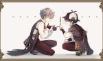  2boys achan_(blue_semi) brown_gloves brown_pants clenched_hand closed_eyes facing_another finger_gun frame glasses gloves grand_fantasia grey_hair hat john_watson_(grand_fantasia) looking_at_another magnifying_glass male_focus multiple_boys official_art pants pince-nez pipe plaid plaid_footwear pointing red_eyes sherlock_holmes_(grand_fantasia) simple_background smile squatting vial 