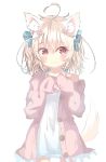  1girl animal_ears blonde_hair cardigan dress fang_out frilled_dress frills hair_ribbon momose_tsugumi off_shoulder open_cardigan open_clothes original pink_eyes ribbon short_hair simple_background smile tail white_background 
