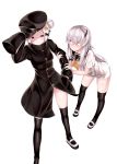  2girls abigail_williams_(fate/grand_order) absurdres arm_grab arm_up bangs black_bow black_hat black_jacket black_legwear black_sailor_collar blush bow closed_mouth dress eyebrows_visible_through_hair fate/grand_order fate_(series) fingernails forehead hair_between_eyes hair_bow hair_bun hand_up hat highres horn jacket lavinia_whateley_(fate/grand_order) leaning_forward long_hair long_sleeves looking_at_another looking_at_viewer multiple_girls neckerchief orange_bow orange_neckwear parted_bangs peaked_cap pikunoma polka_dot polka_dot_bow sailor_collar sailor_dress shoes side_bun silver_hair simple_background sleeves_past_fingers sleeves_past_wrists standing thigh-highs uwabaki very_long_hair violet_eyes white_background white_dress white_footwear wide-eyed 
