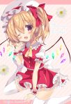  1girl ;d arm_up ascot bangs blonde_hair blush character_name commentary_request crystal eyebrows_visible_through_hair fang flandre_scarlet frilled_shirt_collar frilled_sleeves frills full_body hair_between_eyes hat hat_ribbon holding honoka_(1399871) looking_at_viewer miniskirt mob_cap one_eye_closed one_side_up open_mouth petticoat puffy_short_sleeves puffy_sleeves red_eyes red_ribbon red_skirt red_vest ribbon shoes short_hair short_sleeves sitting skirt smile solo star thigh-highs touhou vest wariza white_hat white_legwear wings wrist_cuffs yellow_neckwear zettai_ryouiki 