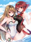  2girls armor bangs black_swimsuit blonde_hair breasts covered_navel earrings fingerless_gloves gem gloves headpiece mythra_(xenoblade) pyra_(xenoblade) hug jewelry large_breasts long_hair looking_at_viewer multiple_girls nintendo one-piece_swimsuit red_eyes redhead shino_haruto short_hair simple_background swept_bangs swimsuit tiara xenoblade_(series) xenoblade_2 yellow_eyes 