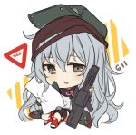  1girl assault_rifle bangs blush boots brown_eyes chibi commentary english english_commentary eyebrows_visible_through_hair flat_cap full_body g11 g11_(girls_frontline) girls_frontline green_hat green_jacket grey_hair gun hair_between_eyes hat hitsukuya holding holding_gun holding_pillow holding_weapon jacket looking_at_viewer object_namesake parted_lips pillow red_footwear rifle shirt sitting solo weapon white_background white_shirt 