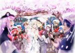  5boys 5girls absurdres bangs bare_shoulders bell black_hair blonde_hair blue_eyes blue_hair blush blush_stickers breasts bridal_veil brown_hair capelet cherry_blossoms cleavage closed_eyes collarbone commentary commentary_request couple darling_in_the_franxx dress english_commentary fangs flower futoshi_(darling_in_the_franxx) glasses gorou_(darling_in_the_franxx) green_eyes green_shorts grey_dress grey_legwear grey_shirt hair_ornament hairband hand_holding hand_up hat hetero highres hiro_(darling_in_the_franxx) holding holding_bell horns huge_filesize ichigo_(darling_in_the_franxx) ikuno_(darling_in_the_franxx) jewelry kokoro_(darling_in_the_franxx) light_brown_hair long_hair long_sleeves looking_at_another medium_breasts miku_(darling_in_the_franxx) military military_uniform mitsuru_(darling_in_the_franxx) multiple_boys multiple_girls necktie oni_horns peaked_cap petals pink_hair red_horns red_neckwear redhead ring shirt shorts sleeveless sleeveless_dress socks temodemo_nor thick_eyebrows tree uniform veil violet_eyes wedding wedding_dress wedding_ring white_dress white_hairband yellow_eyes zero_two_(darling_in_the_franxx) zorome_(darling_in_the_franxx) 