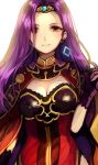  1girl bangs black_gloves breasts brown_eyes brown_hair cape cleavage closed_mouth dress earrings fire_emblem fire_emblem_echoes:_mou_hitori_no_eiyuuou forehead gloves hair_over_one_eye hand_up jewelry jurge long_hair medium_breasts nintendo parted_bangs purple_gloves purple_hair red_cape red_dress simple_background solo sonia_(fire_emblem_gaiden) tiara upper_body very_long_hair white_background 