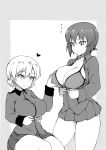  ... 2girls absurdres bangs blouse blush bomber_jacket breast_grab breasts cowboy_shot cup darjeeling dress_shirt emblem girls_und_panzer grabbing greyscale hair_between_eyes heart highres jacket kuromorimine_military_uniform large_breasts long_sleeves looking_at_another military military_jacket military_uniform miniskirt monochrome multiple_girls nishizumi_maho pleated_skirt shanaharuhi shirt short_hair sitting skindentation skirt smile spoken_ellipsis spoken_heart st._gloriana&#039;s_military_uniform standing teacup thighs tied_hair unbuttoned uniform yuri 