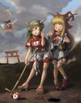  3girls :q amibazh animal_ears ascot bangs bare_arms bare_legs black_hair blonde_hair bow buttons chains cloud_print clouds cloudy_sky collared_shirt constricted_pupils curly_hair day detached_sleeves floating full_body gohei green_eyes green_hair hair_bow hair_tubes hakurei_reimu hand_up holding horn horn_ribbon horns ibuki_suika index_finger_raised japanese_clothes kariyushi_shirt komano_aun long_hair looking_at_another looking_back looking_down loose_socks low-tied_long_hair miko multiple_girls oni outdoors purple_footwear red_bow red_shirt red_skirt ribbon ribbon-trimmed_sleeves ribbon_trim shirt shoe_bow shoes short_sleeves shorts sidelocks skirt skirt_set sky sleeveless sleeveless_shirt smile socks standing sweatdrop toenails toes tongue tongue_out torn_clothes torn_sleeves touhou very_long_hair white_shorts wide-eyed wide_sleeves wrist_cuffs yellow_neckwear 