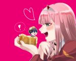  ! 1boy 1girl bangs black_hair blue_eyes blush blush_stickers commentary_request couple darling_in_the_franxx fang food green_eyes hair_ornament hairband hand_up heart hetero highres hiro_(darling_in_the_franxx) holding holding_food honey horns long_hair long_sleeves looking_at_another military military_uniform necktie oni_horns open_mouth pink_background pink_hair red_horns red_neckwear spoken_exclamation_mark syr5anx3 toast uniform white_hairband zero_two_(darling_in_the_franxx) 