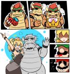  2girls 3boys 4koma alternate_color arm_around_waist arm_up artist_request black_dress blonde_hair blue_eyes blush bowser bowsette bracelet breasts choker clone collar comic crown double_cherry dress dual_persona facial_hair fang flat_color genderswap genderswap_(mtf) gloves hat heavy_breathing highres horns jewelry luigi mario super_mario_bros. mini_crown multiple_boys multiple_girls mustache new_super_mario_bros._u_deluxe nintendo ponytail princess_peach selfcest shaded_face silent_comic smile spiked_armlet spiked_bracelet spiked_collar spiked_shell spikes spitting spitting_blood super_crown super_mario_3d_world super_mario_bros. super_mario_odyssey sweatdrop thick_eyebrows thumbs_up turn_pale waving 