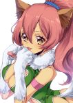  1girl animal_ears armlet breasts cleavage commentary_request fur_trim gloves high_ponytail large_breasts leotard long_hair looking_at_viewer murata_tefu open_mouth paw_gloves paws perisie_(star_ocean) simple_background smile solo standing star_ocean star_ocean_first_departure tail very_long_hair 