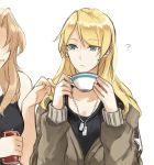  2girls ? alternate_hairstyle black_shirt blonde_hair blue_eyes brown_jacket can cosplay cowboy_shot cup darjeeling dog_tail emblem eyebrows_visible_through_hair girls_und_panzer hair_down hair_intakes holding holding_can holding_cup jacket kay_(girls_und_panzer) kay_(girls_und_panzer)_(cosplay) light_frown long_hair long_sleeves looking_at_another multiple_girls no_eyes saunders_military_uniform shirt side-by-side simple_background soda_can standing tail tank_top teacup white_background yuri yuuyu_(777) 