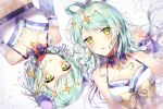  2girls alternate_hairstyle aqua_hair bang_dream! bangs blush bow bun_cover commentary_request detached_collar earrings eyebrows_visible_through_hair eyes_visible_through_hair green_eyes hair_bow hair_rings halterneck hand_up head_chain highres hikawa_hina hikawa_sayo jewelry long_hair looking_at_viewer multiple_girls parted_lips short_hair siblings side_braids sisters star star_earrings taya_5323203 twins water_drop wrist_cuffs yellow_bow 