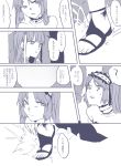  2girls ? bangs bare_shoulders blunt_bangs blush choker comic fate/grand_order fate_(series) hair_ornament hairband highres lolita_hairband long_hair monochrome multiple_girls open_mouth ribbon saint_martha sketch spoken_question_mark stheno translation_request twintails yonatori 