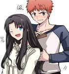  1boy 1girl angry black_hair blue_eyes blush comb combing_hair emiya-san_chi_no_kyou_no_gohan emiya_shirou fate/stay_night fate_(series) hair_down long_hair looking_at_another one_eye_closed open_mouth orange_eyes orange_hair short_hair smile teeth tohsaka_rin unlimited_blade_works wink yuuma_(u-ma) 