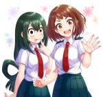  2girls :d :p asui_tsuyu blush boku_no_hero_academia breasts brown_eyes clenched_hand collared_shirt finger_to_mouth floral_print green_eyes green_hair hands highres large_breasts looking_at_viewer medium_breasts megiha multiple_girls necktie open_mouth school_uniform shirt short_sleeves simple_background skirt smile tongue tongue_out uraraka_ochako waving white_background 