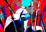  1girl blue_hair cape field_of_blades hand_on_hilt hand_on_sword holding holding_sword holding_weapon kneeling magical_girl mahou_shoujo_madoka_magica miki_sayaka mzet one_knee planted_sword planted_weapon red_string short_hair solo string sword weapon 