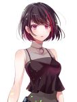  1girl bang_dream! bangs black_camisole black_hair bob_cut camisole choker collarbone commentary_request covered_navel crop_top eyebrows_visible_through_hair ito22oji mitake_ran multicolored_hair parted_lips redhead short_hair solo spaghetti_strap streaked_hair upper_body violet_eyes white_background 