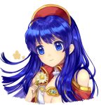  1girl bangs bare_shoulders blue_eyes blue_hair blush closed_mouth collarbone dress fire_emblem fire_emblem:_fuuin_no_tsurugi fire_emblem_heroes flower hand_up hat head_tilt holding holding_flower jacket jurge lilina long_hair looking_at_viewer nintendo open_clothes open_jacket red_hat red_jacket simple_background smile solo upper_body white_background white_flower 