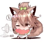  1girl animal_ears bangs barefoot big_head blush bow brown_eyes brown_hair chibi closed_mouth dress eating electric_fan eyebrows_visible_through_hair food fox_ears fox_girl fox_tail fruit green_bow hair_between_eyes hair_bow holding holding_food long_hair looking_at_viewer nose_blush one_eye_closed original sitting solo sweat tail tail_raised translated watermelon white_dress yuuji_(yukimimi) 