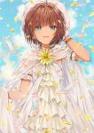  1girl bangs blue_sky blush brown_hair card_captor_sakura clear_card clouds cloudy_sky commentary dangmill day dress earrings eyebrows_visible_through_hair flower flower_earrings green_eyes hair_between_eyes hand_up hat jewelry kinomoto_sakura outdoors parted_lips petals see-through short_hair sky sleeveless sleeveless_dress smile solo white_dress white_hat yellow_flower 