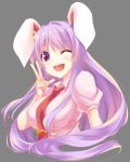  1girl ;d animal_ears artist_name bangs blush breasts carrot commentary_request cropped_torso eyebrows_visible_through_hair grey_background hand_up kue large_breasts long_hair looking_at_viewer necktie one_eye_closed open_mouth pink_shirt puffy_short_sleeves puffy_sleeves purple_hair rabbit_ears red_eyes red_neckwear reisen_udongein_inaba shirt short_sleeves simple_background smile solo touhou twitter_username upper_body w wing_collar 