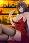  1girl absurdres ahoge alcohol artist_name ass azur_lane bangs bar bare_shoulders black_hair black_legwear blush breasts champagne champagne_flute choker cleavage collarbone cup dress drinking_glass error eyebrows_visible_through_hair hair_between_eyes halter_dress highres large_breasts long_hair looking_at_viewer one_eye_closed red_choker red_dress red_eyes sash sitting smile solo taihou_(azur_lane) thigh-highs very_long_hair vitoputr 