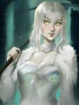  1girl absurdres dark dark_souls dragon dragon_girl fur green_eyes highres horns long_hair looking_at_viewer monster_girl priscilla_the_crossbreed ragecndy scythe simple_background smile solo souls souls_(from_software) tail white_hair 