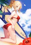  1girl :d ass bangs bare_arms bare_legs bare_shoulders beach bikini blonde_hair blue_sky blush breasts clouds cloudy_sky commentary_request day dutch_angle eyebrows_visible_through_hair fang fate/grand_order fate_(series) feet_out_of_frame flower green_eyes highres kneeling long_hair medium_breasts moemoe3345 mordred_(fate)_(all) mordred_(swimsuit_rider)_(fate) open_mouth outdoors parted_bangs ponytail prydwen red_bikini red_flower sand side-tie_bikini sidelocks sky smile solo surfboard swimsuit 
